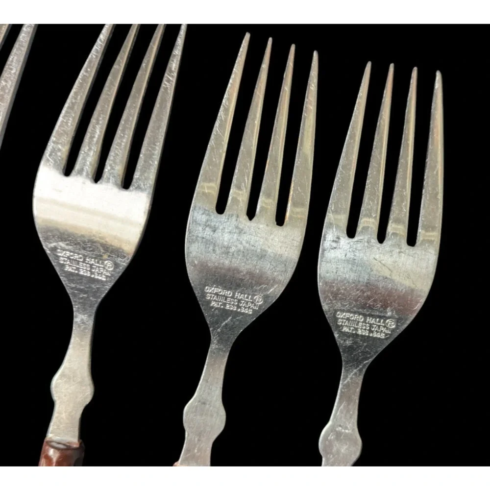 Vintage Oxford Hall Stainless Forks Japan Brown Plastic Handle 5 Pieces 1973 MCM